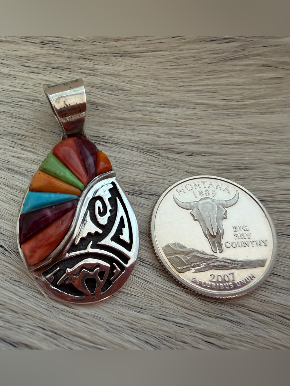 ❤️ Navajo Signed Calvin Begay Spirit Bear Sunrise MultiStone Inlay 925 Pendant - Picture 10 of 14
